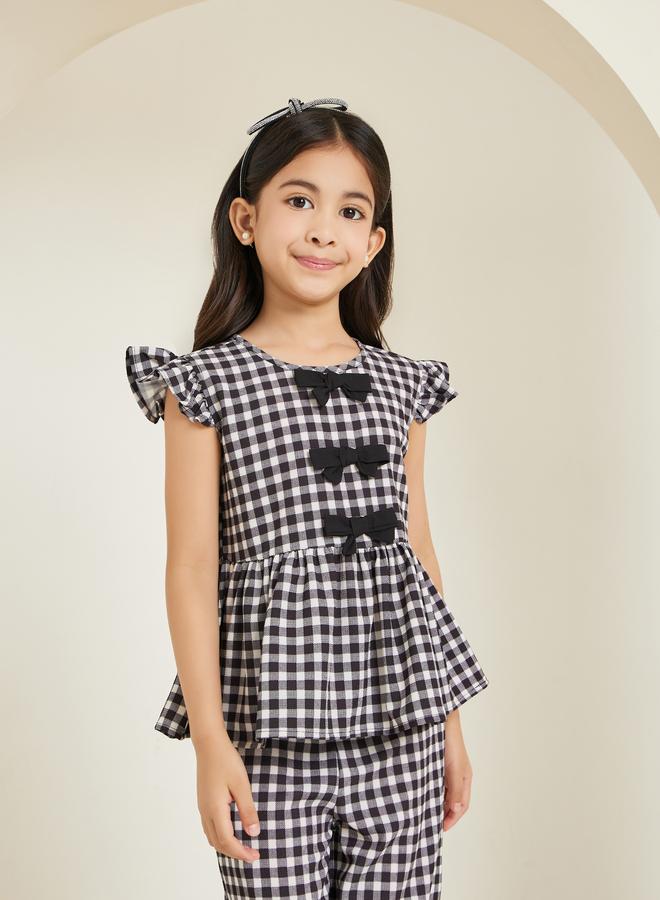 ستايلي طقم بلوزة بفيونكة وبنطال بنمط مربعات - Image 2